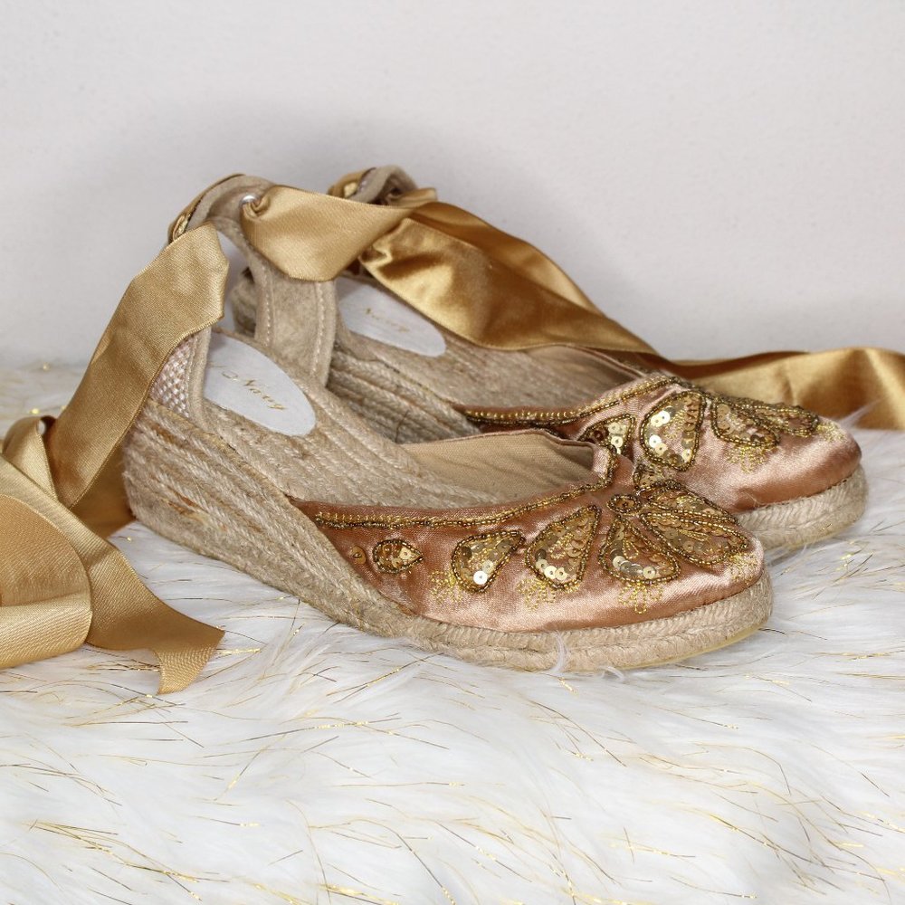 Ribbon Ankle Lace-up Golden Sequin Espadrilles